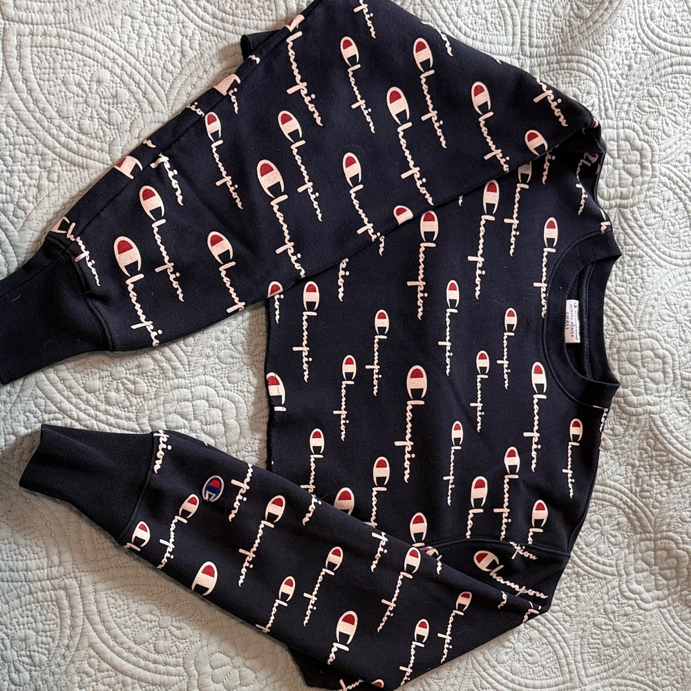 Champion Navy Logo Print Reverse Weave Cropped Sweatshirt